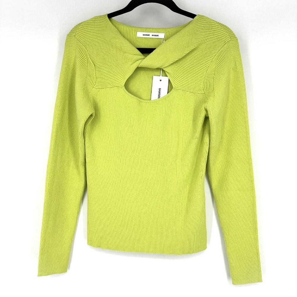 NWT Samsoe Everly Crew Neck Ribbed Knit Cutout Sweater Top Daiquiri Green XL - Picture 2 of 9